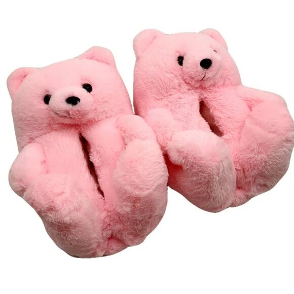 PINK TEDDY BEAR PLUSH SLIPPERS - Picture 1 of 10
